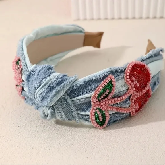 ? NEW The Summer Handmade Beaded Denim Headband- Vintage ? Denim Beaded Headband – Shop Margaret main image 4